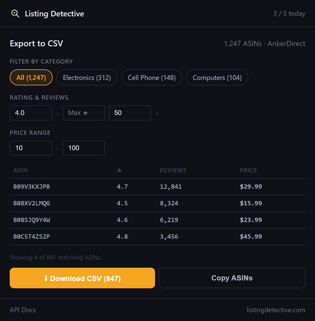 Export ASINs to CSV with smart filters